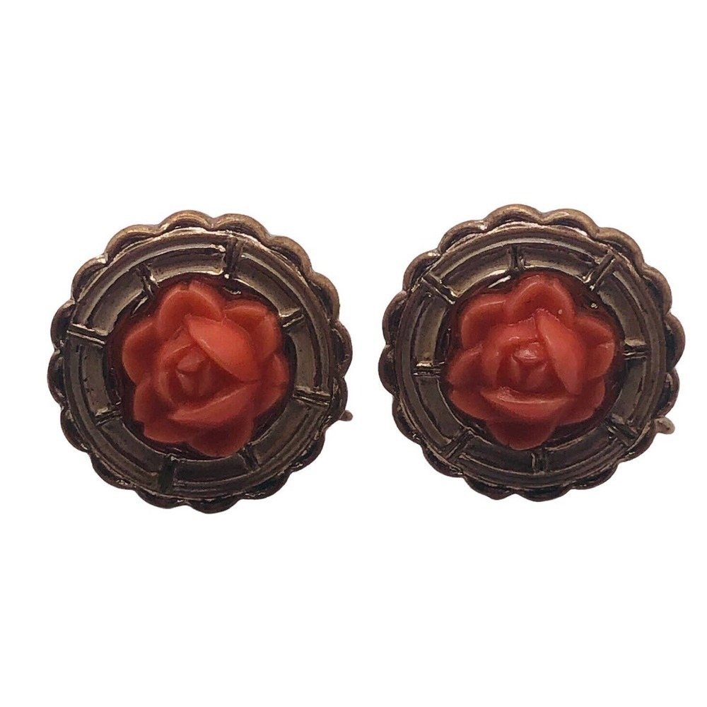 Vintage Faux Coral Carved Celluliod Rose Flower Screw Back Earrings